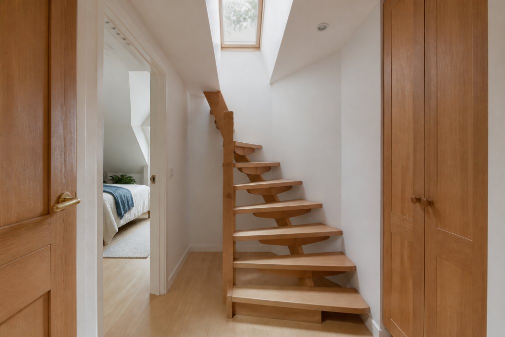 Interior view of a compact paddle flight staircase installed in a loft conversion space, demonstrating how the design maximises headroom and floor area with natural light filtering through a skylight above