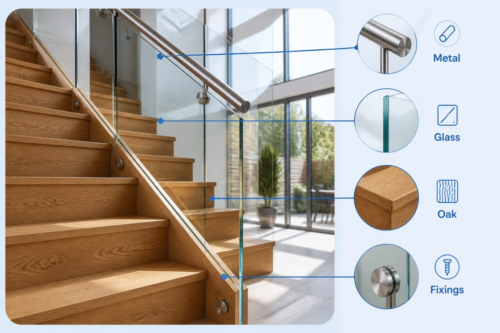 Close-up of a modern oak staircase with glass balustrade in a bright residential extension, showing rich wood grain detail, contemporary brushed metal handrail, and clear glass panels allowing light to flow through the stairwell
