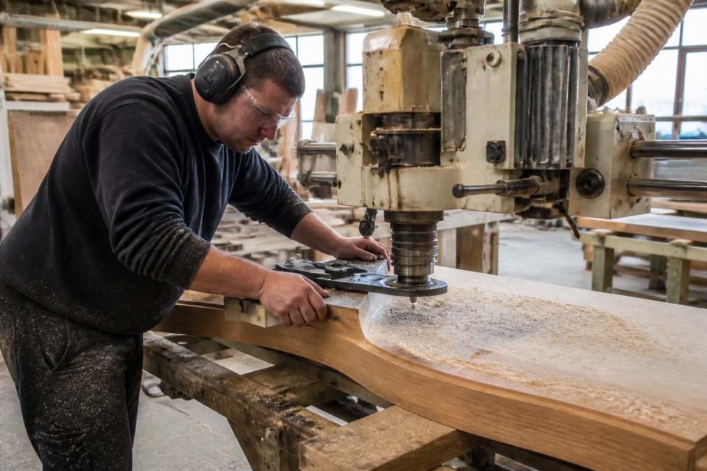 A craftsman in a joinery workshop carefully operating a milling machine on a large timber staircase tread, sawdust visible, workshop tools and timber stacked in the background under bright industrial lighting