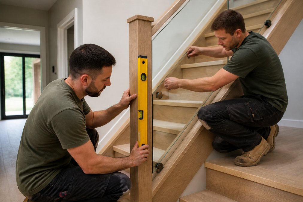 Two installers fitting a beautifully crafted timber and glass balustrade staircase inside a bright, modern residential hallway, one holding a spirit level against the newel post while the other secures a balustrade panel