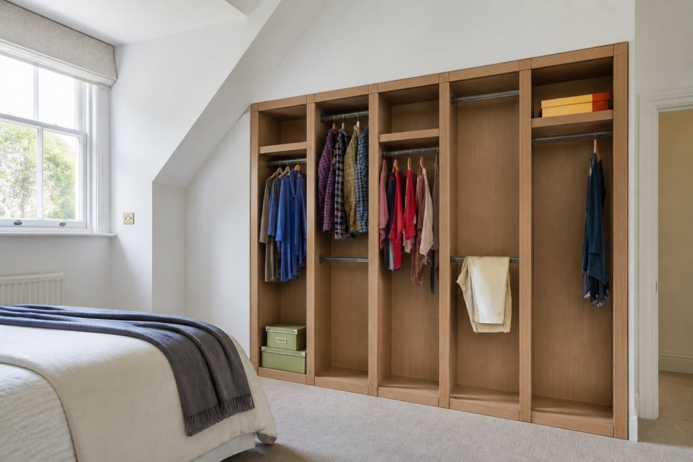 A modern bedroom with a steeply sloped ceiling featuring floor-to-ceiling fitted wardrobes in pale oak that follow the roof line, with open sliding doors revealing interior shelving and hanging rails, natural morning light streaming through a window