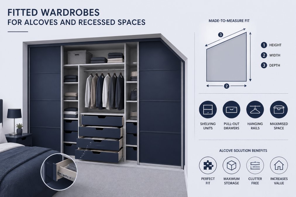 An alcove bedroom with bespoke fitted wardrobes built into a recessed wall space, showing interior pull-out drawers, shelving units, and hanging rails fitted snugly into the irregular alcove dimensions, with sliding doors partially open