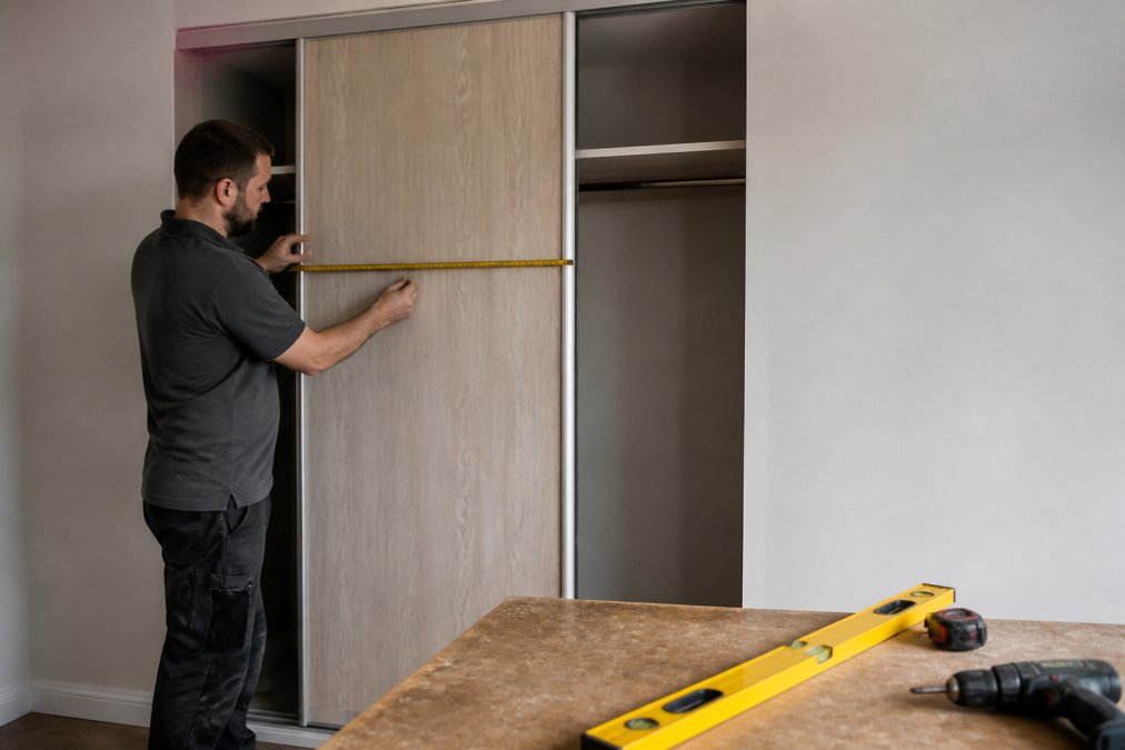A joiner in a workshop measuring a made-to-measure sliding wardrobe door panel against a client's opening, with tools and a spirit level on a workbench nearby