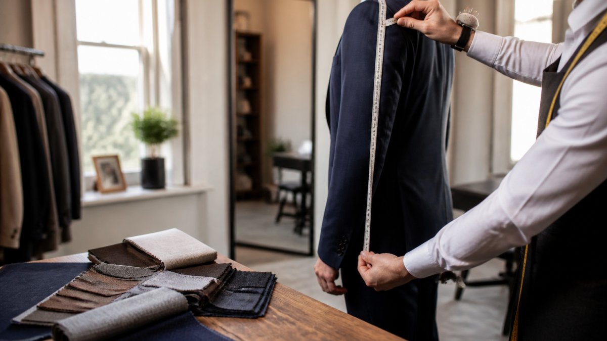 A tailor taking measurements of a client's shoulders and sleeve length in a bright professional fitting room, fabric swatches resting on a nearby wooden table under warm natural light