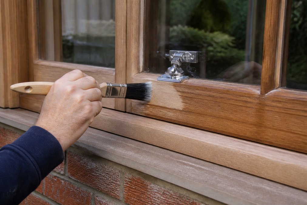 Homeowner carefully applying protective paint or stain to a timber window frame with a brush, showing hands-on maintenance work in progress with natural daylight illuminating the timber surface