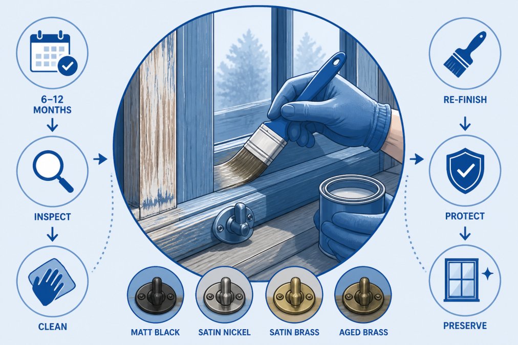 Visual roadmap for Hands applying protective finish to timber window frame with brush, showing detail of wood grain ...