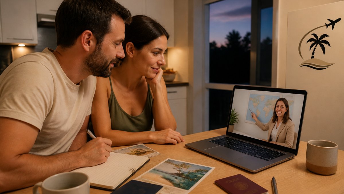 A couple in their thirties sitting at a kitchen table with a laptop, passports, and a notebook, looking relaxed while a travel advisor on a video call points to a wall map, warm evening light