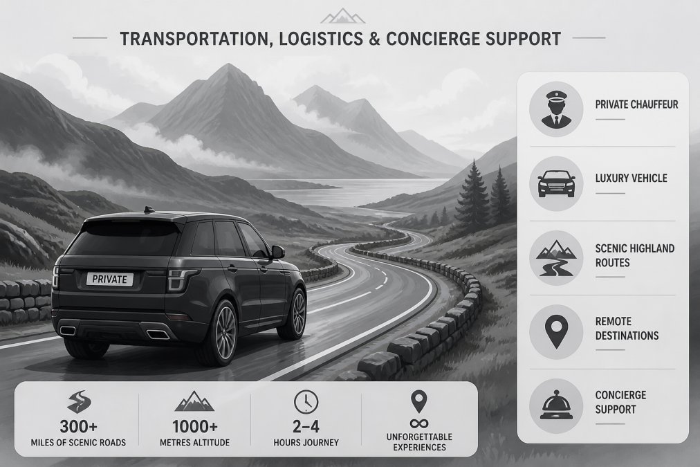 Private chauffeur-driven luxury vehicle on a winding Highland road with misty mountains in the distance, showing the journey through remote Scottish terrain