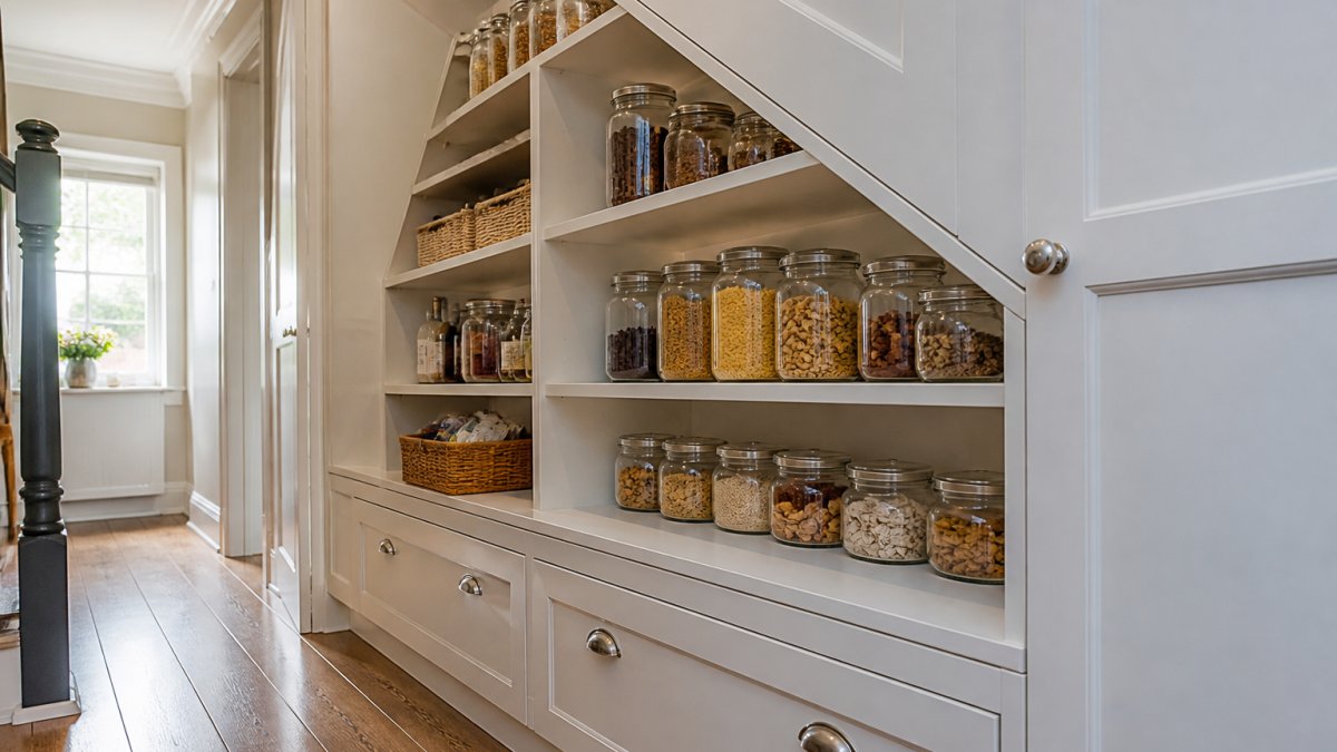 A newly fitted understairs pantry with made to measure white cabinets and open shelving following the slope of the staircase, glass jars and dry goods neatly arranged on the shelves, a wooden hallway floor in the foreground, soft daylight from a side window