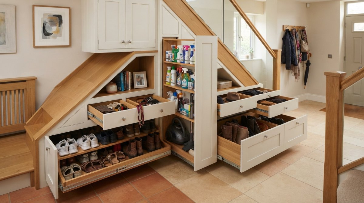 Professional illustration showing understairs storage ideas