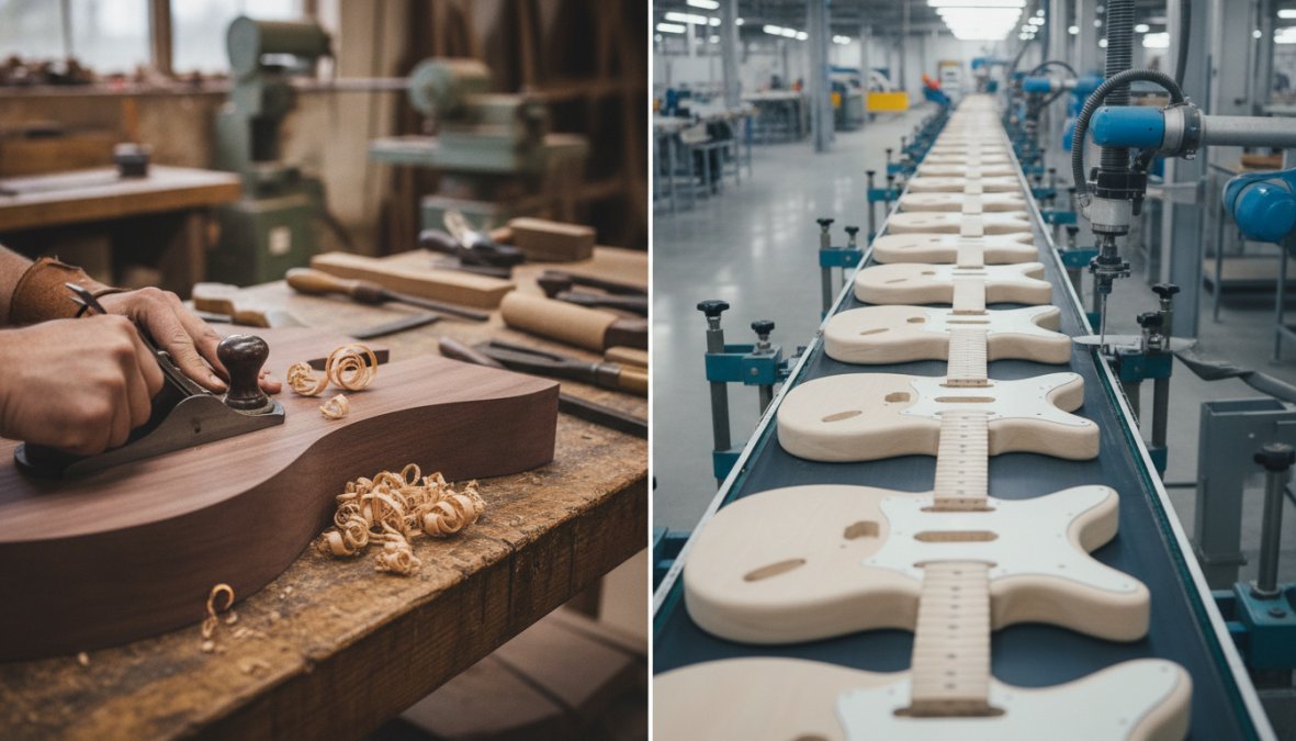 Close-up of a luthier's hands carefully shaping a guitar neck with hand tools in a workshop, wood shavings visible, warm natural light from workshop windows