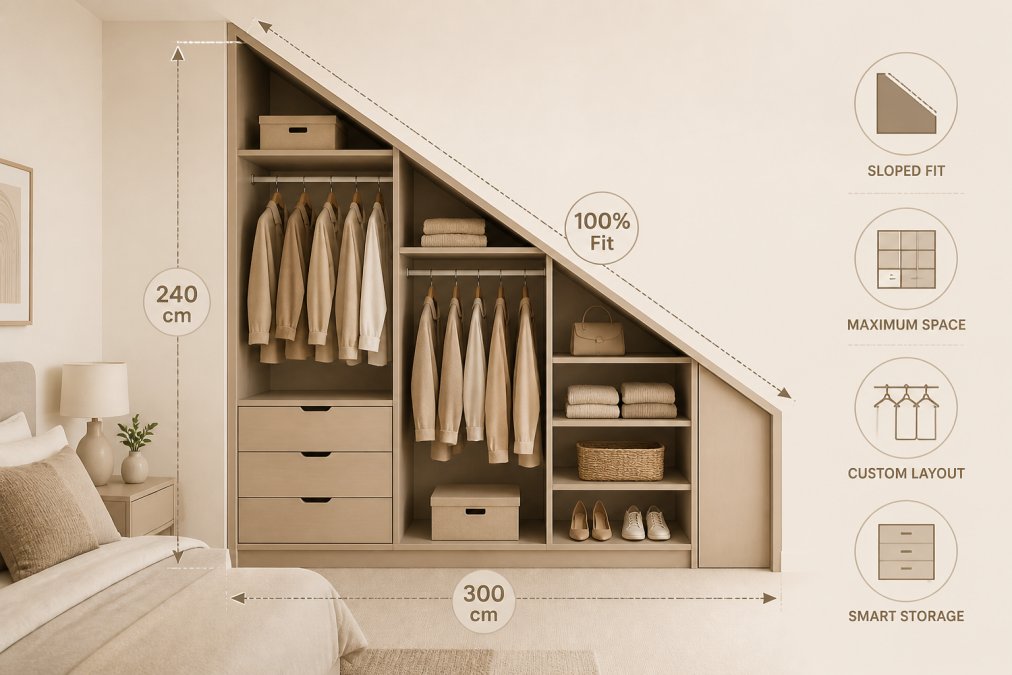 Modern bedroom with a fitted wardrobe built seamlessly into an awkward sloped ceiling alcove, showing custom shelving and hanging rails that follow the ceiling line precisely, maximizing every millimetre of storage space with professional joinery