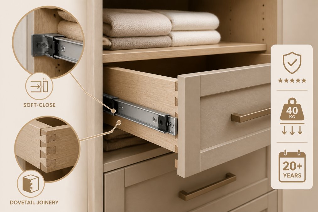 Close-up detail of premium soft-close drawer hardware and precision dovetail joinery visible in a fitted wardrobe interior, showing craftsmanship with natural workshop lighting highlighting the quality of construction