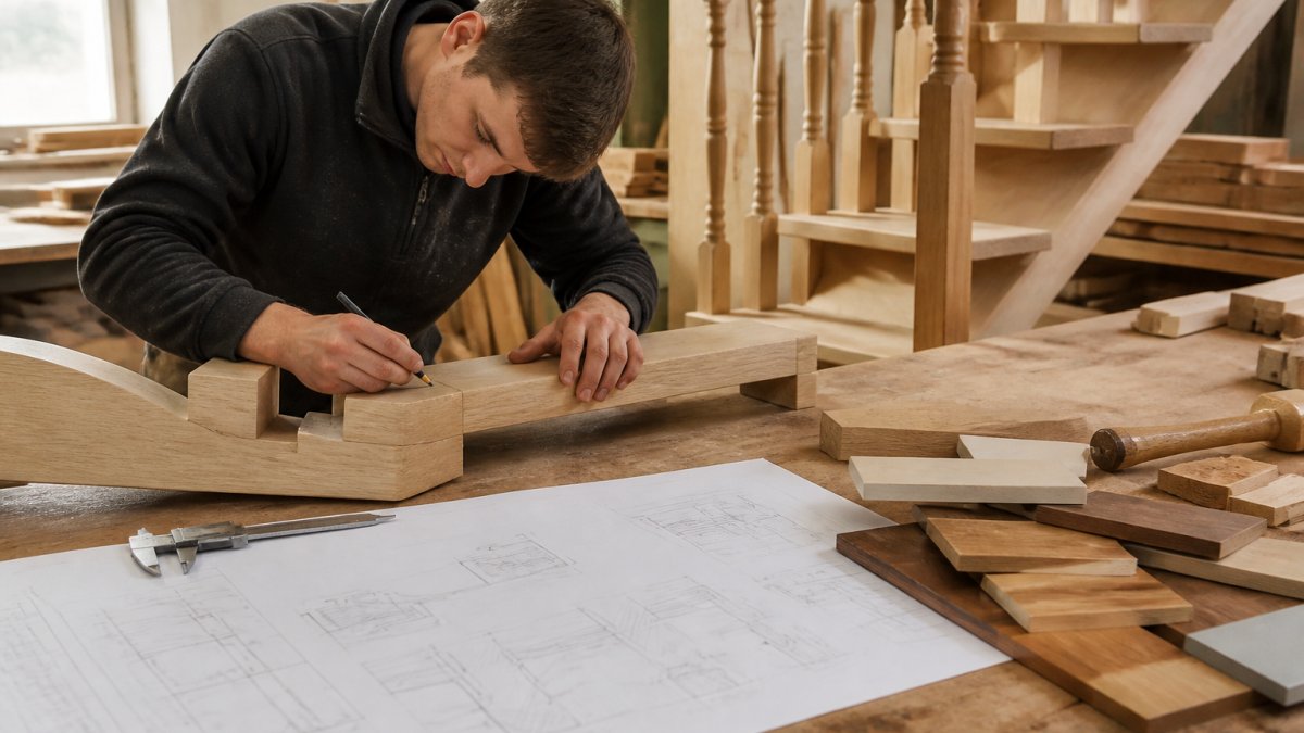 Professional joiner crafting detailed wooden staircase components in a bright workshop, showing precision measurement tools, wood samples, and custom architectural drawings on the work bench