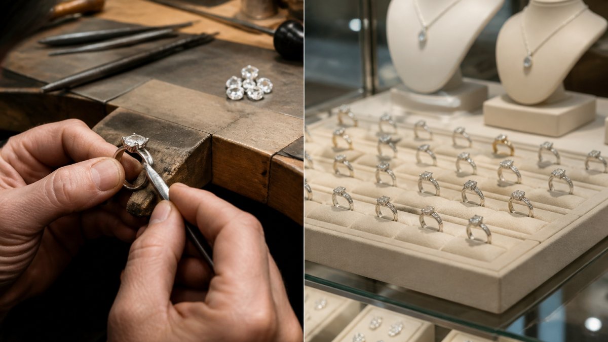 A jeweller's hands carefully setting a diamond into a platinum ring at a workbench, with precision tools and loose gemstones visible in soft natural light