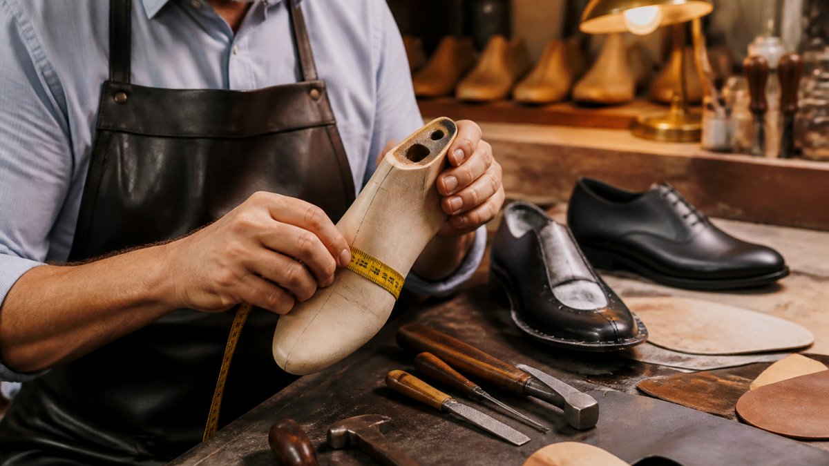 Close-up of a craftsman's hands measuring a leather shoe last with a tape measure in a workshop, leather tools and partially assembled shoes visible in the background under warm task lighting