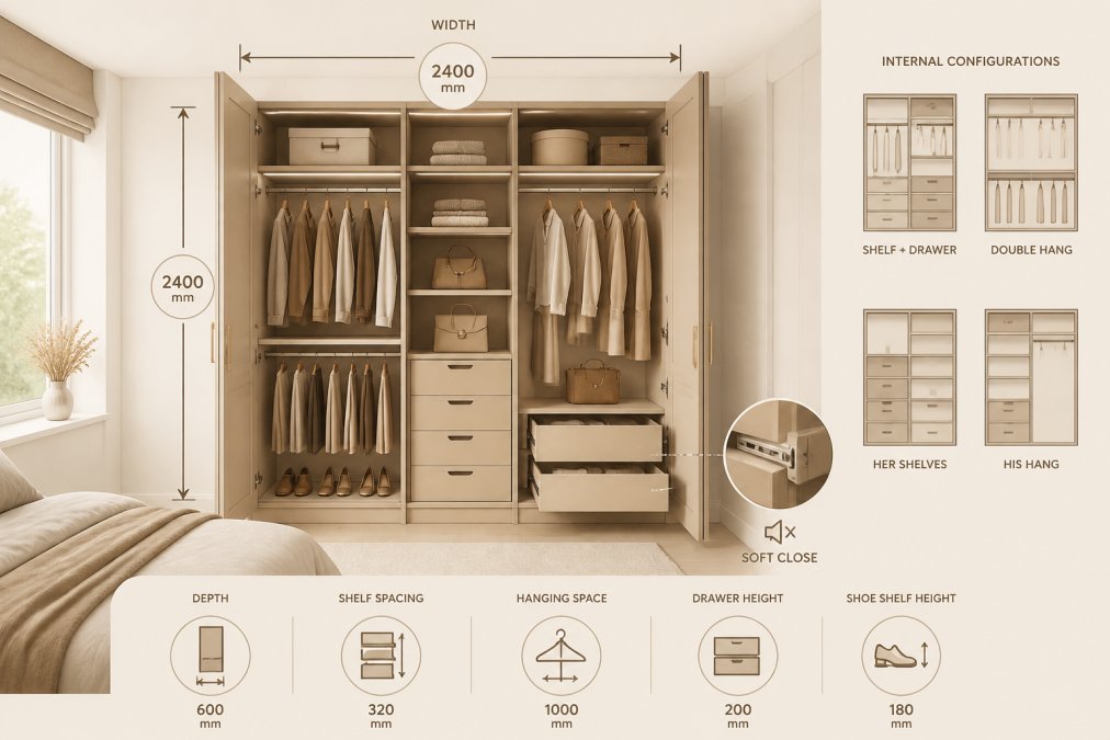 Interior of a fitted wardrobe showing shelving, hanging rails, and drawer configurations with soft-close mechanisms in a modern bedroom alcove with natural light from window