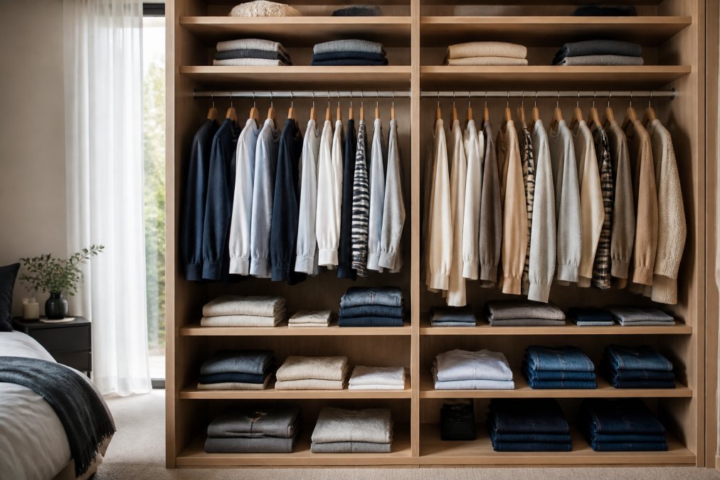 Interior view of an open wardrobe showing neatly organized clothing on double hanging rails with folded items stacked on fixed shelves below, demonstrating practical storage arrangement with soft natural light from the room