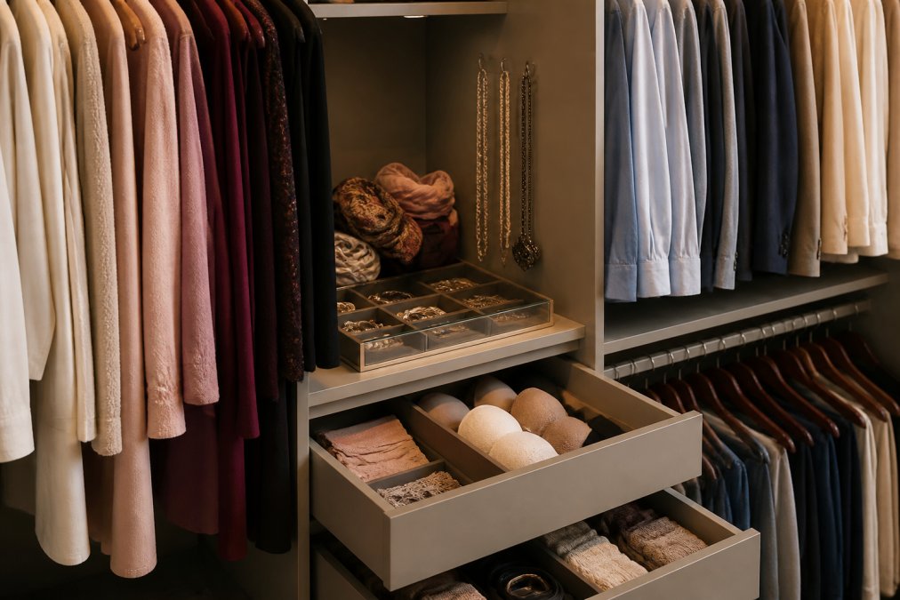 Close-up of organized wardrobe interior with color-coordinated clothing hanging on rails, accessory trays holding jewellery and scarves, and labeled drawer dividers showing systematic organization of undergarments and accessories