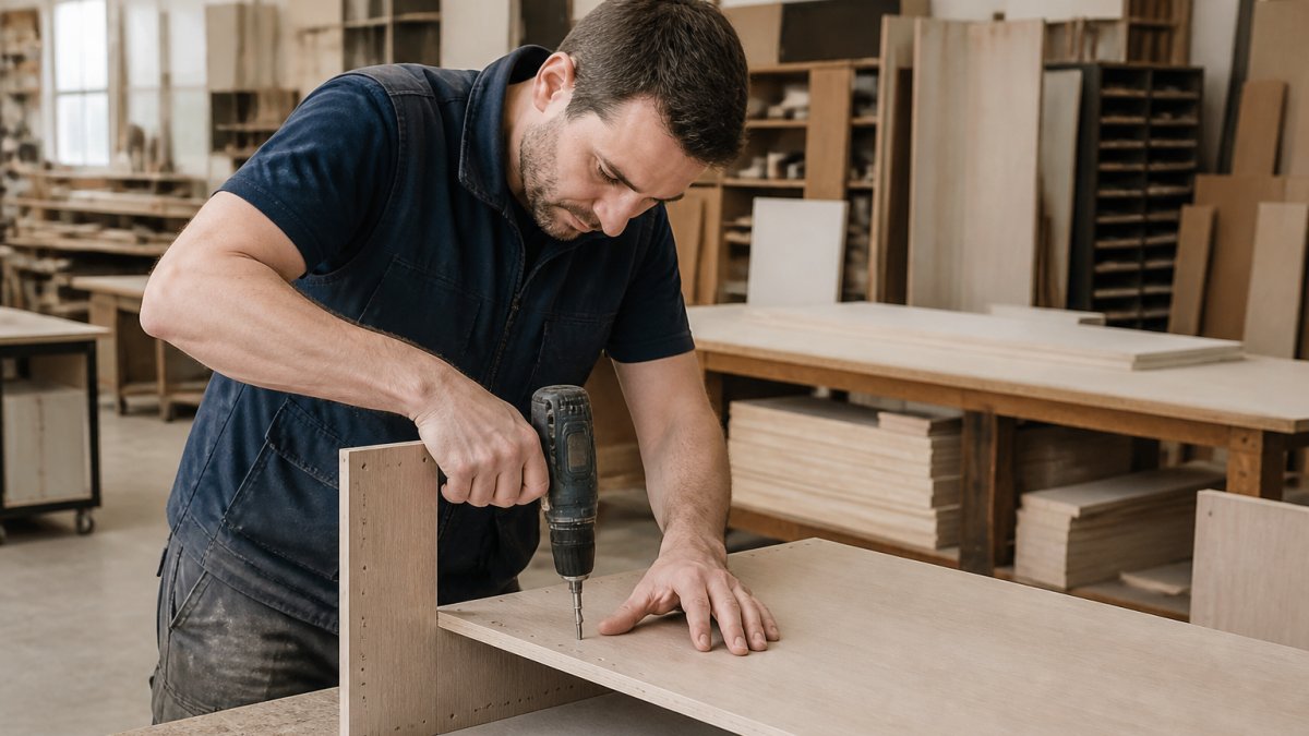 Professional joiner assembling bespoke wardrobe interior components in workshop with precision tools and furniture-grade board, natural workshop lighting
