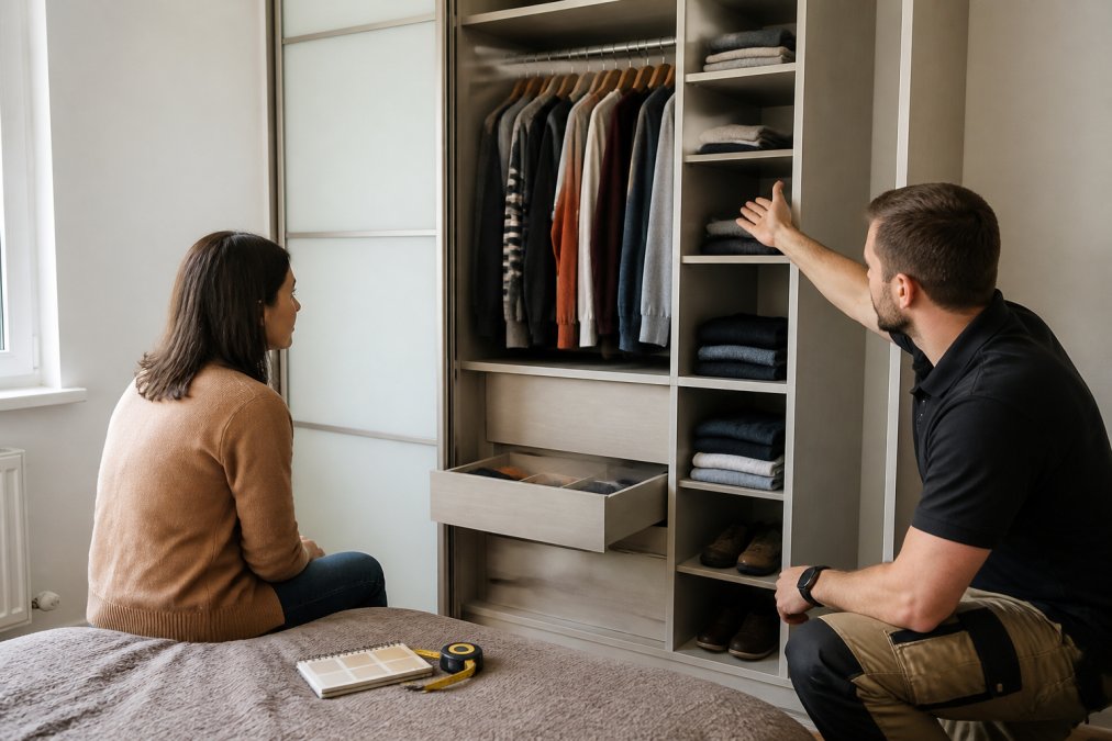 Diagram of bespoke wardrobe interiors featuring efficient shelving, hanging rails, and drawer layouts for small rooms.
