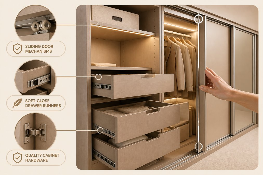 Close-up of a hand-finished bespoke wardrobe interior showing precision-engineered sliding door mechanisms, soft-close drawer runners, and quality cabinet hardware with light emphasising craftsmanship details