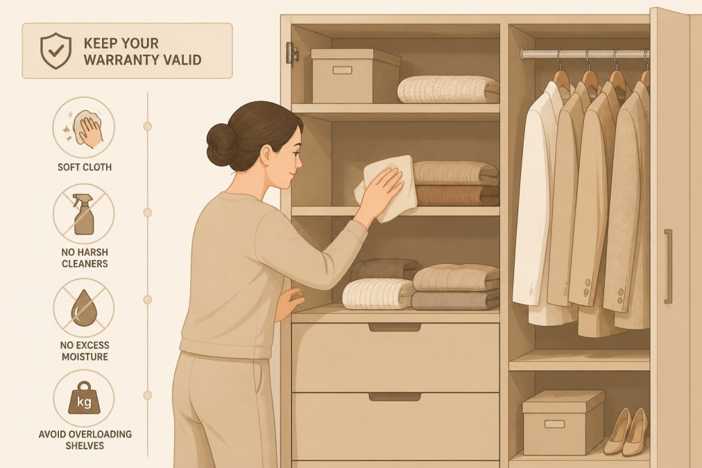 Homeowner gently cleaning the interior of a fitted wardrobe with a soft cloth, showing proper care technique with organised shelving and folded items in background