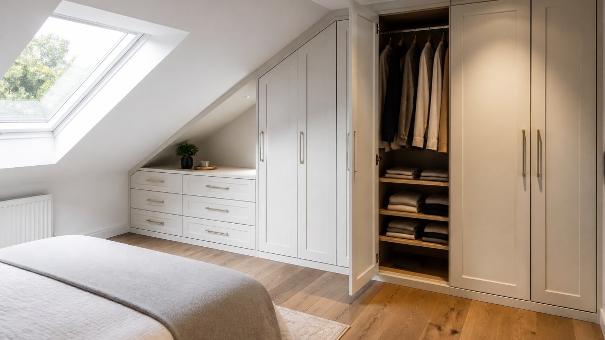 A fitted wardrobe built into the eaves of a bright attic bedroom, with low-height drawers under the slope and full-height hanging space at the taller end. The design logic is straightforward. Below roughly a metre of headroom becomes drawer or shelf territory. Between one and 1.6 metres, short hanging works for shirts, jackets and children's clothing. Above that, full-length hanging and high shelving for suitcases and seasonal items. ### Knee Walls, Alcoves and the Doors That Fit Them Knee walls and alcoves need doors that open without hitting anything. On a low knee wall, a hinged door swinging outward will collide with a bed or bedside table. Sliding doors solve that, and mirrored sliding doors make a small room feel larger. Alcoves beside a chimney breast are the other classic opportunity: usually too narrow for freestanding furniture but ideal for custom wardrobes, with shelves above and drawers below. Door choice should follow the internal layout, not precede it, pick the storage you need first, then the door that gives you access in the space you actually have. ## Attic Bedroom Storage Ideas That Hold Up in Daily Use Attic bedroom storage ideas fail for one reason: they look good in a photograph and are annoying by week three. The test is whether you can reach everything you use weekly without moving something else. Three ideas that pass that test: - **Tiered hanging by height**, with long garments at the tall end and shirts under the slope. - **Drawers at the lowest point**, because pulling a drawer out is easier than bending into a cupboard. - **A dedicated high shelf for suitcases and seasonal items**, kept clear so it does not become a dumping ground. What does not hold up is deep, single-shelf storage under a low slope. Anything pushed to the back is effectively gone. Split that depth into two or three shallow drawers instead, and the same volume becomes usable. :::tip Mark the low zone on the floor with tape before the fitter arrives. It takes two minutes and stops anyone, including you, from planning a piece of furniture that will not clear the slope. ::: ## Fitted Wardrobe Interior Ideas: Planning by Item, Not by Guesswork Fitted wardrobe interior ideas should start with an inventory, not a catalogue. Before choosing finishes, count what actually needs to live in the wardrobe: long-hanging items, folded items, shoes, bulky bedding. A workable planning method: - [