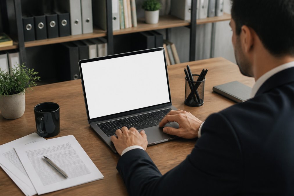Professional in business attire using a laptop to access a secure client portal interface, with documents and a coffee cup on the desk, natural office lighting