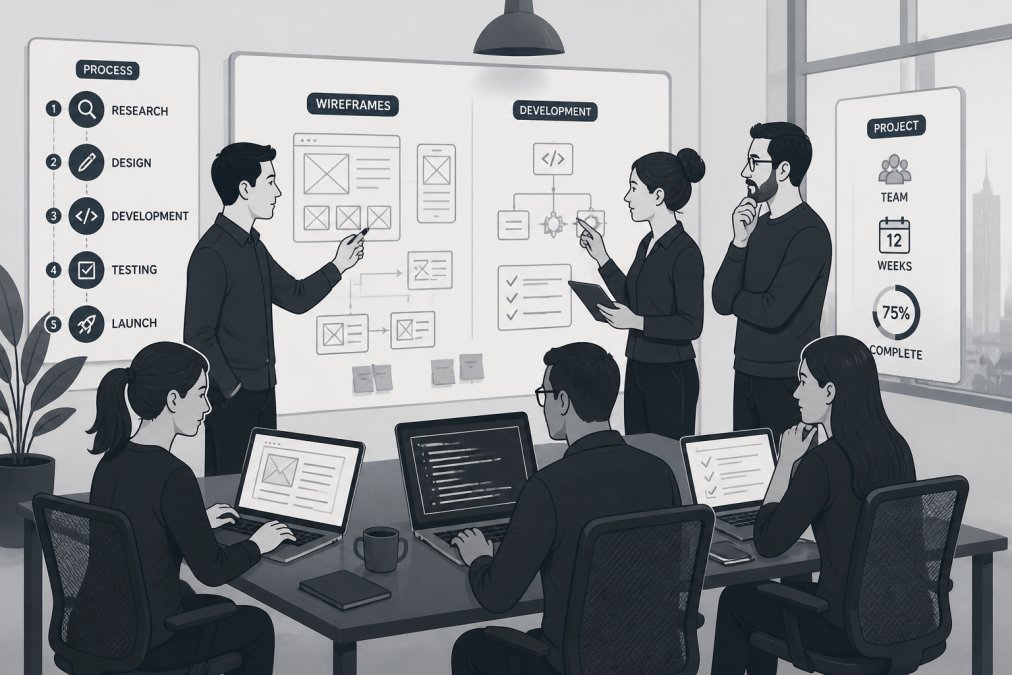 Team of developers and project managers collaborating around a table with laptops, whiteboards showing wireframes and development notes, modern office setting