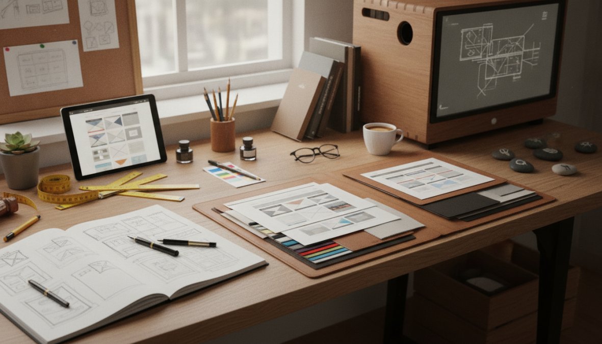 Professional web designer and local business owner sitting across from each other at a modern meeting table, both looking at an open laptop with website wireframes visible, notes and coffee cups on the table, warm office lighting