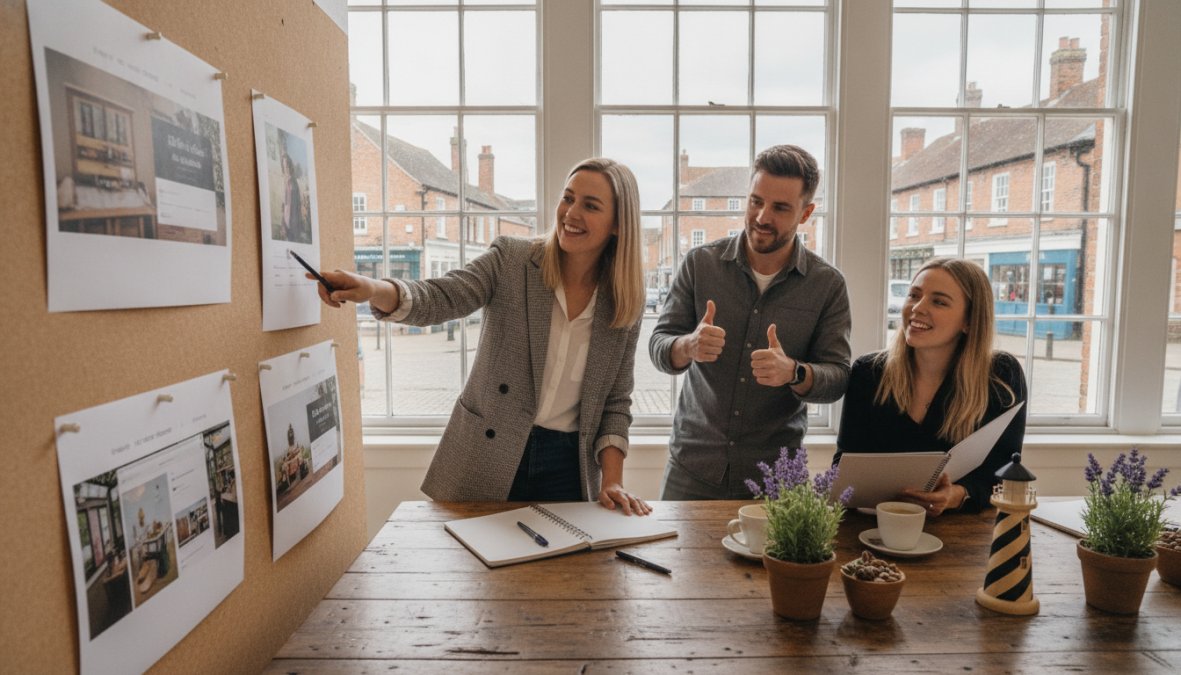 A small business owner seated at a clean wooden desk in a bright Suffolk office, smiling as he reviews a newly launched website on a large desktop monitor, warm natural light coming through a window behind him