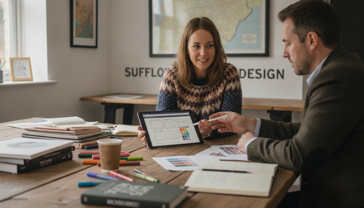 A web designer and a business client sitting together at a round meeting table, reviewing printed website wireframes and a tablet screen showing design concepts, in a light-filled modern studio in Suffolk
