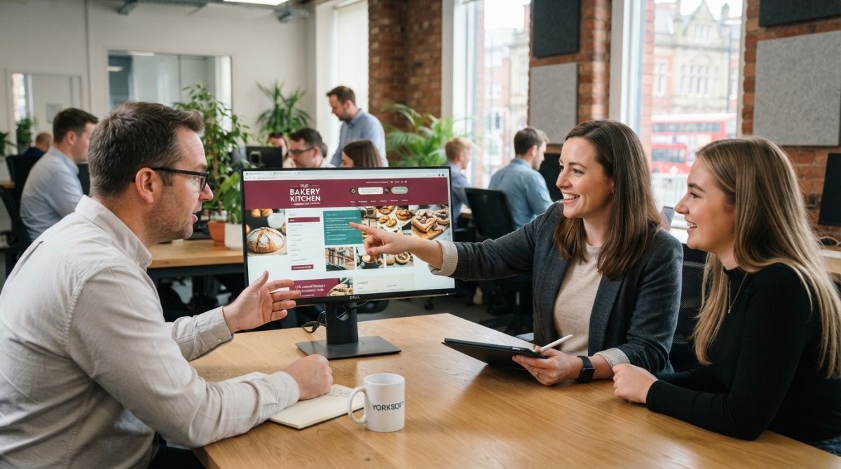Business team reviewing a custom website design on a desktop monitor in a modern office setting, with team members pointing at the screen and discussing layout elements, natural daylight streaming through windows