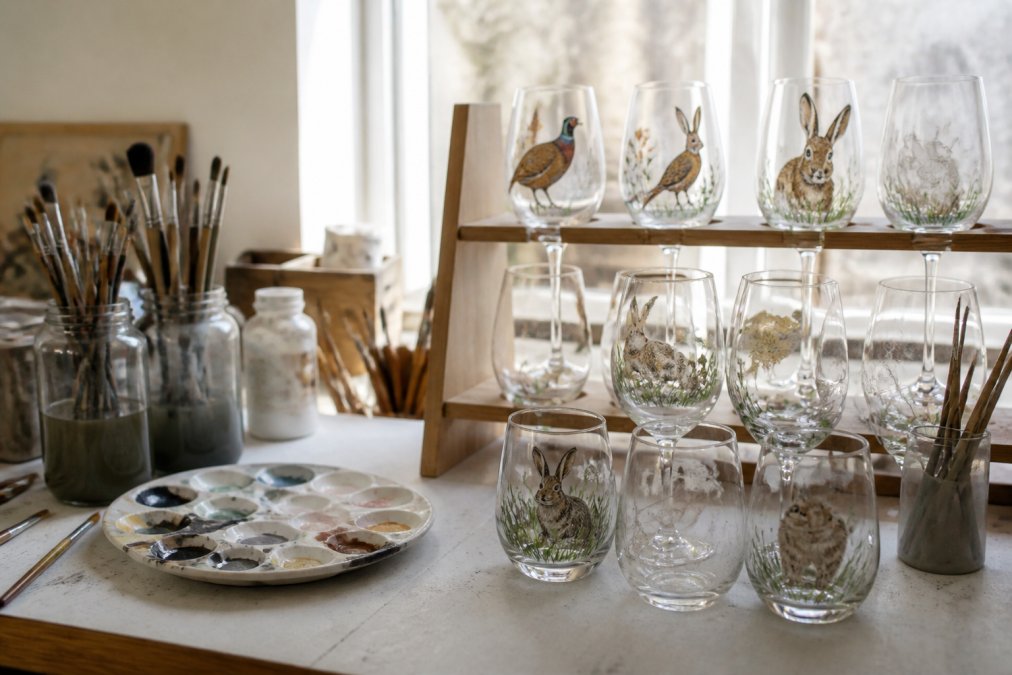 Artist's studio workspace with hand-painted glassware in various stages of completion, paintbrushes in water jars, a ceramic palette with mixed pigments, and finished pieces arranged on a wooden drying rack with soft natural light from a north-facing window