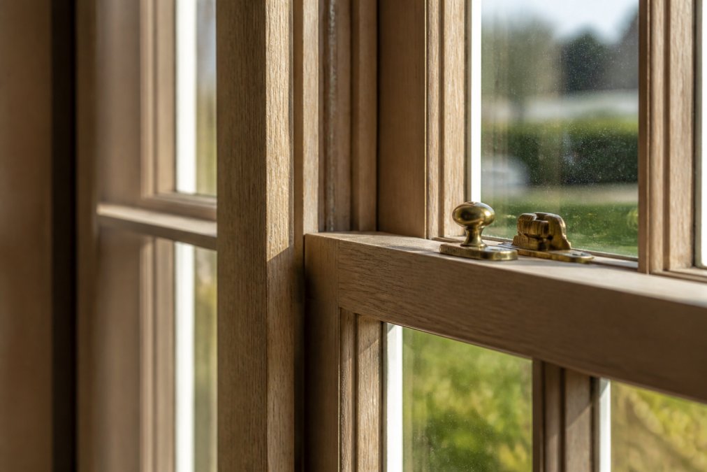 Close-up of traditional timber sash window frame showing mortise and tenon joinery where vertical and horizontal members connect, brass Brighton fastener hardware mounted on the frame, and period-appropriate glazing bars dividing the panes into smaller lights, warm natural sunlight highlighting the wood grain and patina