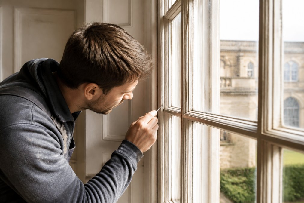 Homeowner in work clothes carefully inspecting wooden window frame during seasonal maintenance, checking the condition of weatherstripping around the frame edges and examining the putty glazing that holds the glass in place, using a small tool to probe the wood for soft spots, natural daylight streaming through the window