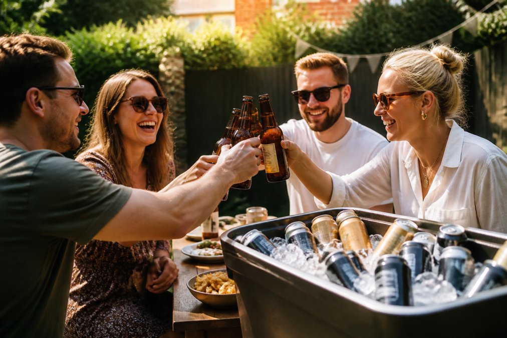 A group of friends laughing and clinking bottles of alcohol-free beer at a sunlit garden party, with a cooler full of 0% lager and stout cans nearby