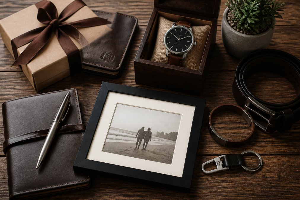 Flat lay arrangement of personalized anniversary gifts including an engraved watch, leather accessories, a framed keepsake, and decorative items on a warm wooden surface with soft natural lighting