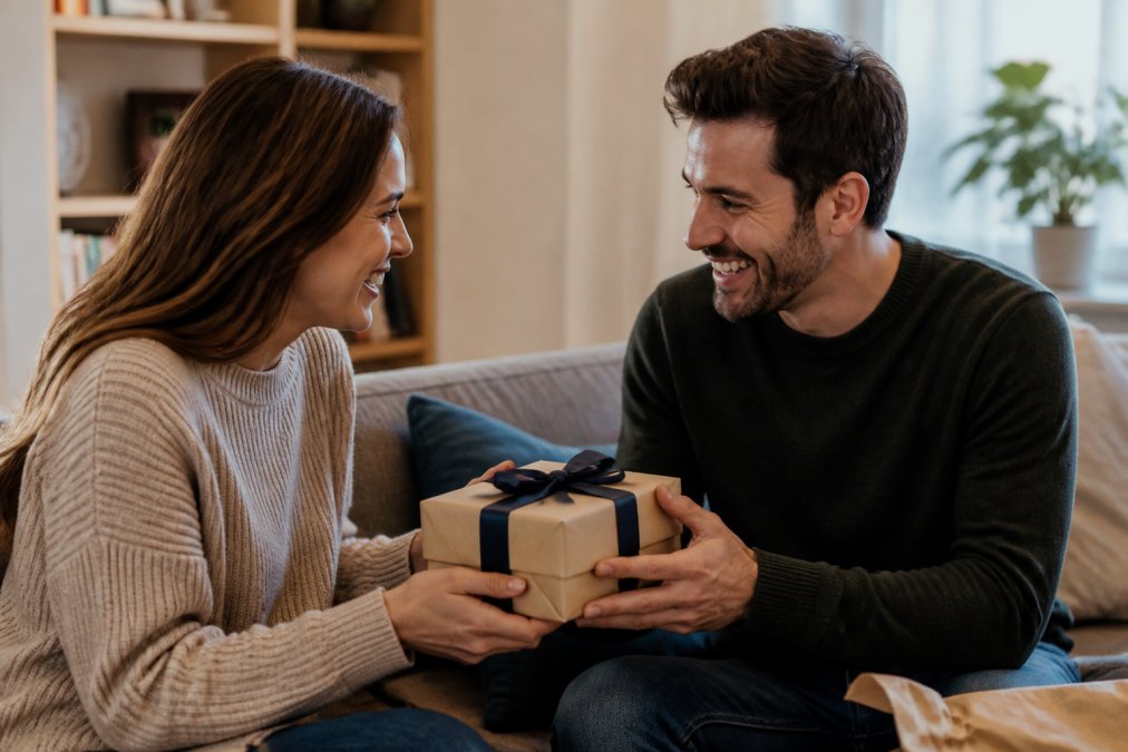 Couple exchanging a beautifully wrapped anniversary gift in a cozy home setting with warm lighting, showing genuine emotion and connection