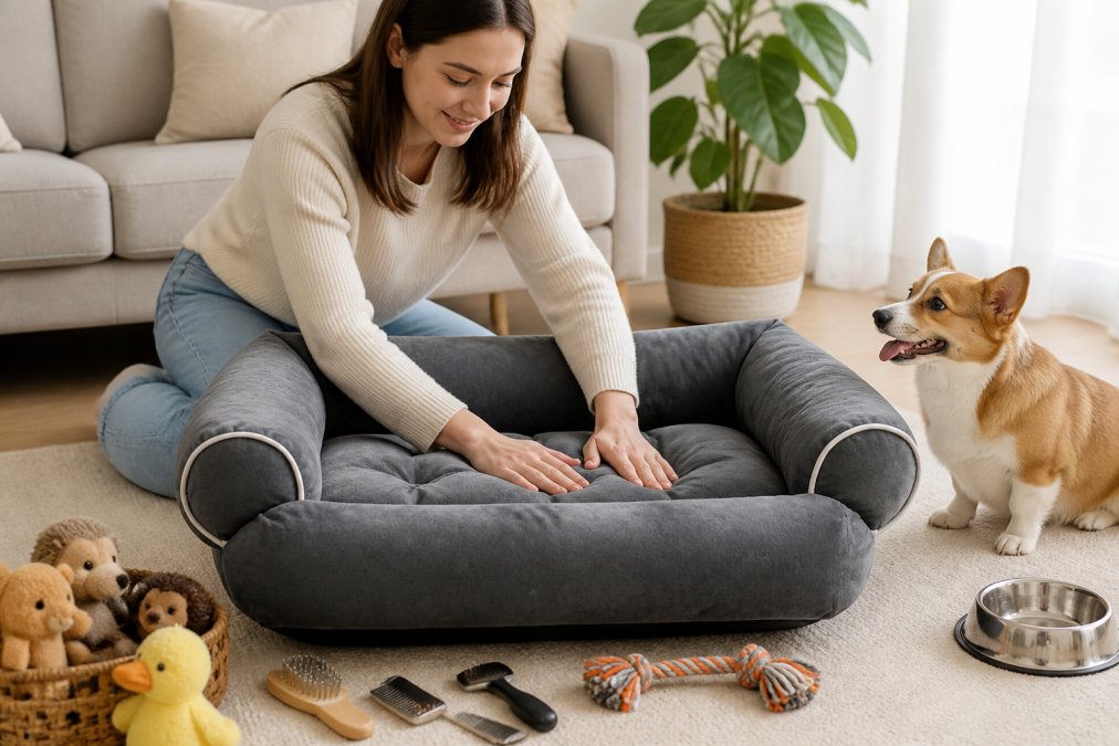 Pet owner carefully examining premium plush dog bed material, running hands across ice velvet fabric, with grooming tools and small animal toys arranged on a clean home surface in natural daylight