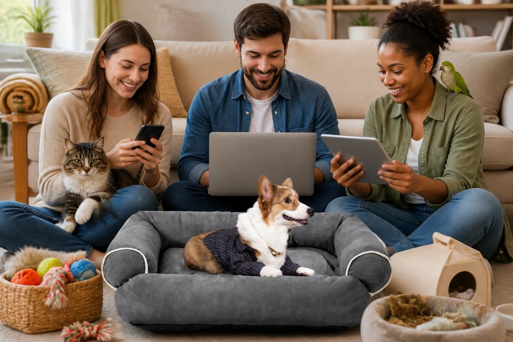 Three pet owners on laptops and mobile devices shopping for different pet supplies, one selecting dog toys and beds, another browsing cat accessories, a third comparing bird and small animal products, with satisfied expressions, natural home lighting