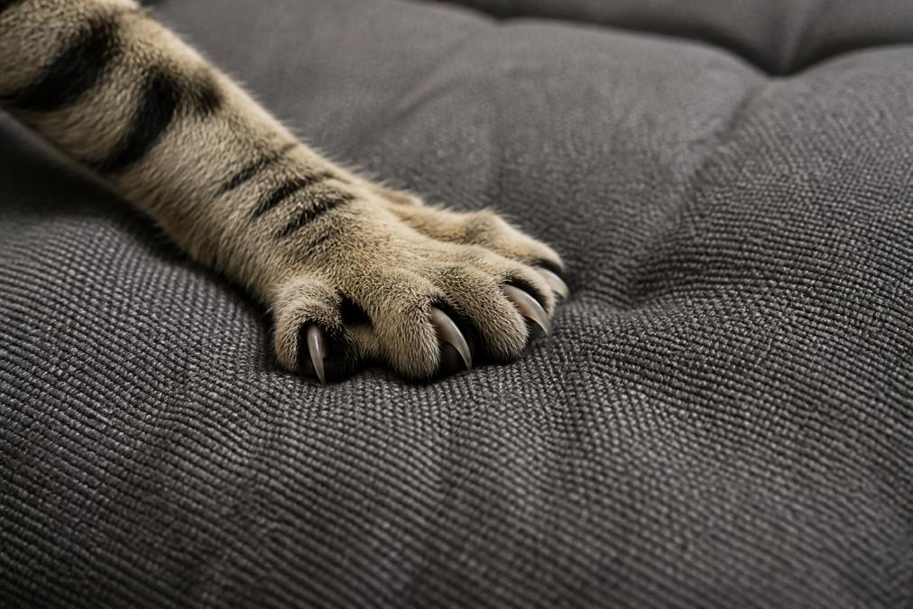 Close-up of a cat's paw pressing into high-quality bed fabric, showing the tight weave density and texture that resists claws and shedding without tearing