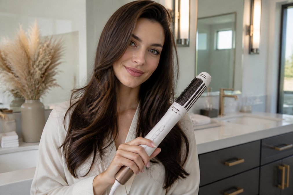 A woman with smooth, voluminous hair holding the white CHASKA Air Styler against a clean, bright bathroom vanity, warm natural lighting highlighting the tool's design