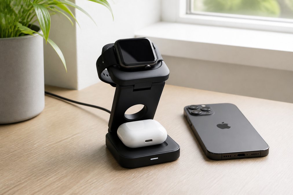 A compact foldable wireless charger positioned on a minimalist desk next to an iPhone, Apple Watch, and AirPods case, all simultaneously charging with soft natural window lighting illuminating the setup