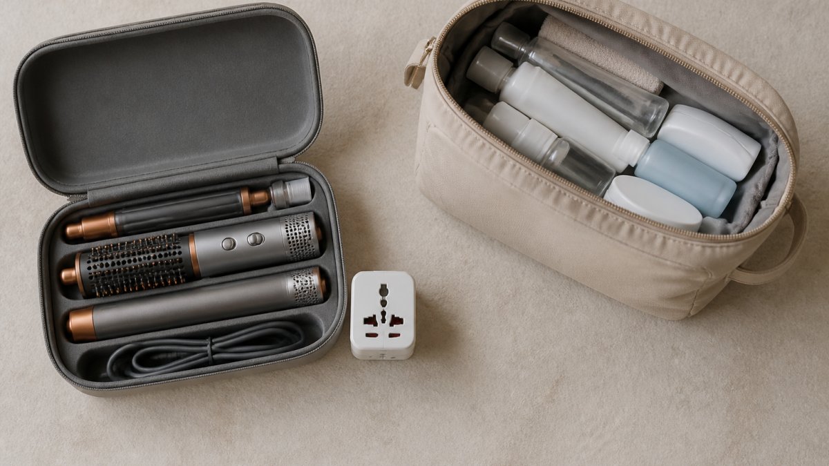 Overhead flat-lay of a 3-in-1 travel styler, its protective case, a universal plug adapter, and a quart-size toiletry bag on a neutral surface, showing packed footprint