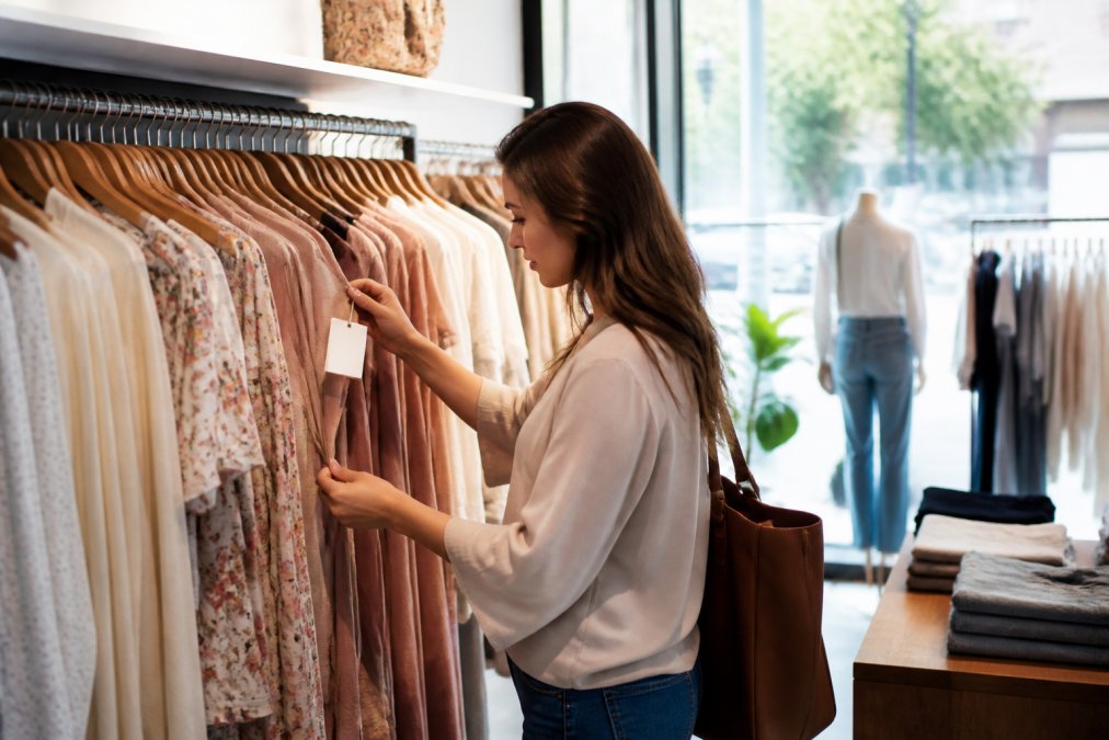 Woman browsing clothing racks in a modern boutique, examining fabrics and checking tags while natural light streams through large windows