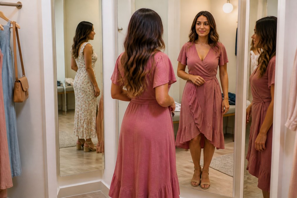 Woman with different body types trying on various clothing styles in a boutique fitting room, examining how pieces fit shoulders, waist, and length in a well-lit mirror