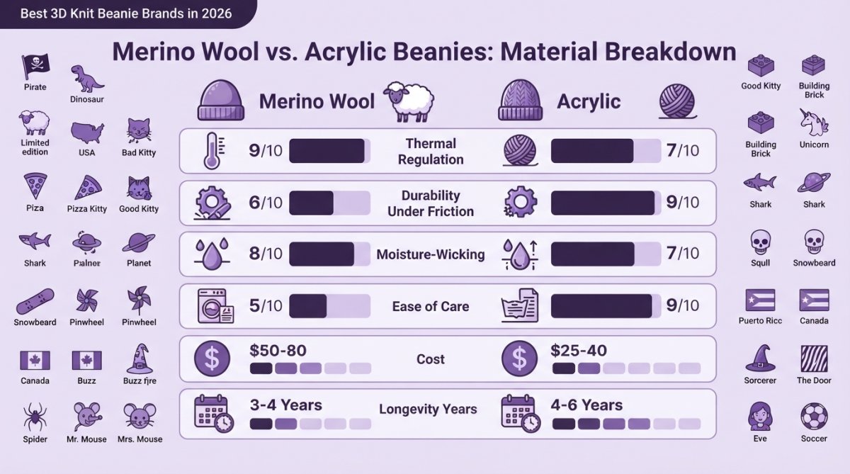 Comparison matrix showing merino wool vs acrylic beanies across dimensions: thermal regulation (merino 9/10, acrylic 7/10), durability under friction (merino 6/10, acrylic 9/10), moisture-wicking (merino 8/10, acrylic 7/10), ease of care (merino 5/10, acrylic 9/10), cost (merino $50-80, acrylic $25-40), and longevity years (merino 3-4 years, acrylic 4-6 years)