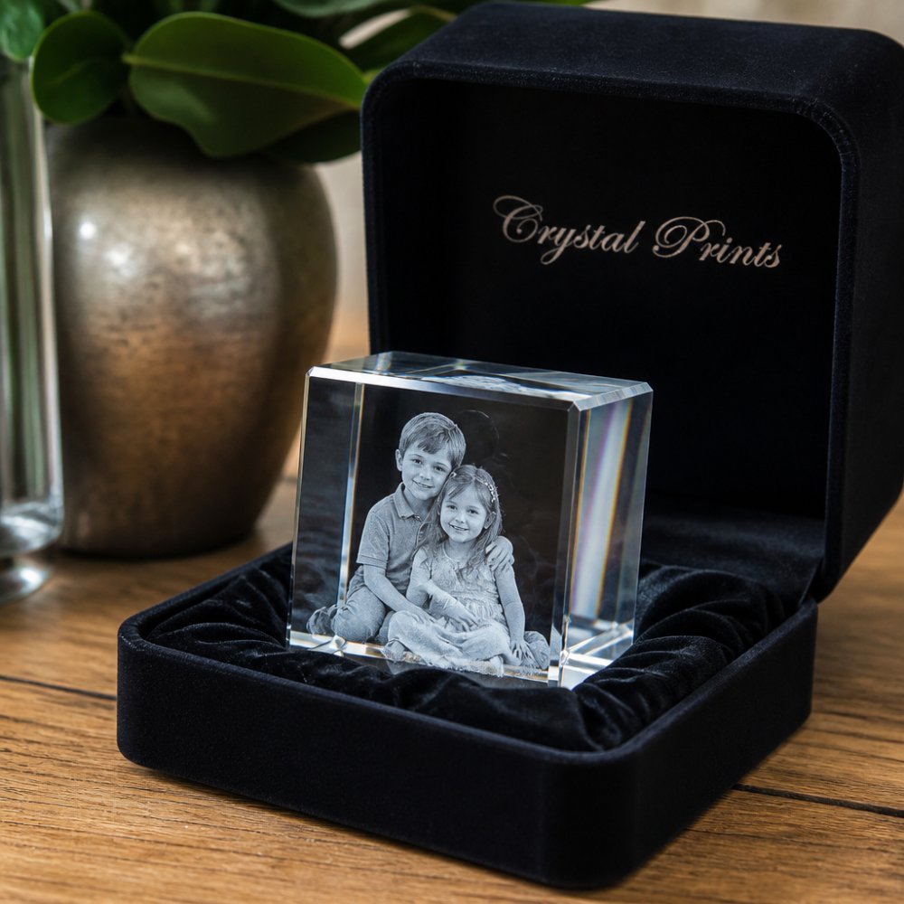 Close-up of a finished 3D laser-engraved crystal cube displayed in a velvet-lined box, internal image visible with light refracting through the K9 crystal
